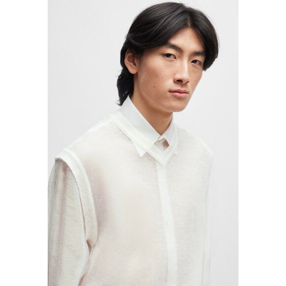 NWT BOSS Lucid White Mohair-Wool V-Neck Sweater Vest Size Medium Sheer Knit - Picture 3 of 16